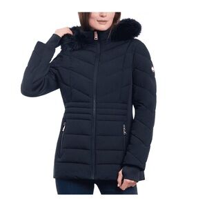 Michael Kors Navy Puffer Jacket with Faux Fur Trim